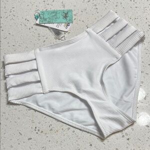 NEW White Ribbed High-Waisted Bikini Bottoms SZ S wedding bachelorette beach